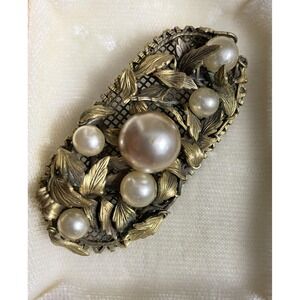 Vintage Faux Pearl Leaf Pin Brooch Art Nouveau Style Brass Filigree